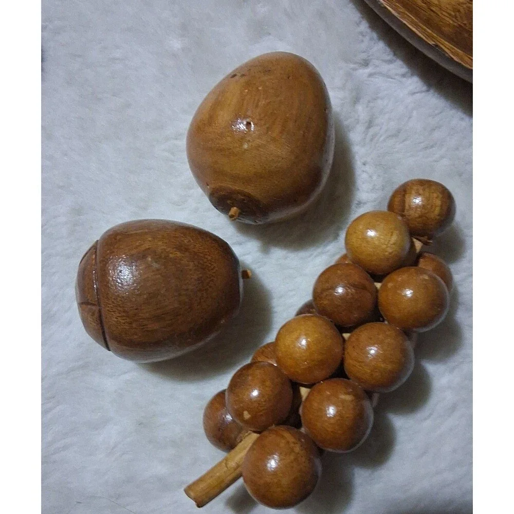 Vintage 60's Monkey Pod Wooden Fruit & Bowl Phillipines handcrafted 8 piece set